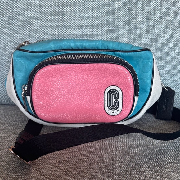 Coach Handbags - Coach Court Belt bag pink blue white nylon leather amazing condition!
